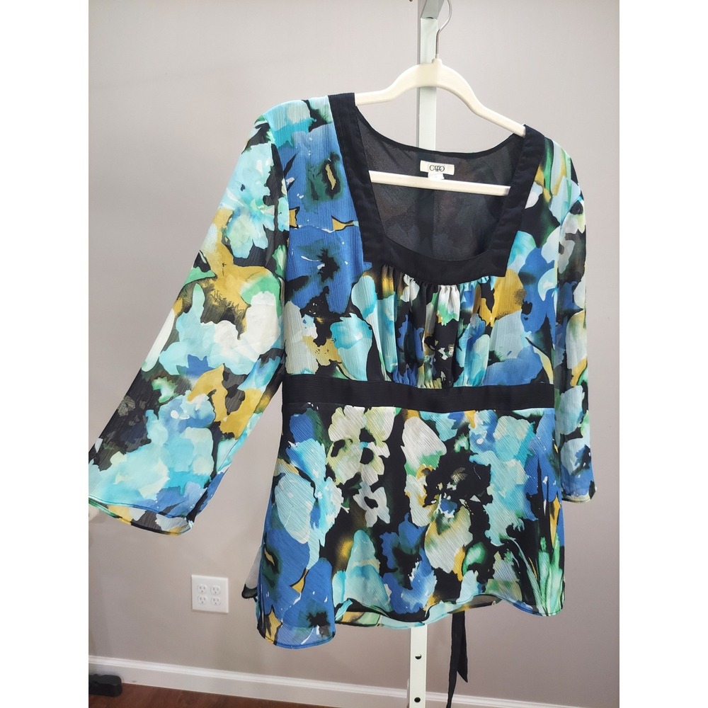 Cato Womens XL Floral Empire Waist Blouse Square Neck Chiffon Top Fairy Boho